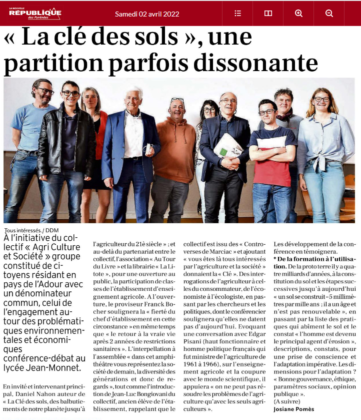 Article : «La clé des sols, une partition parfois dissonante», sur la conférence de Daniel Nahon, dans «La Nouvelle république des Pyrénées»