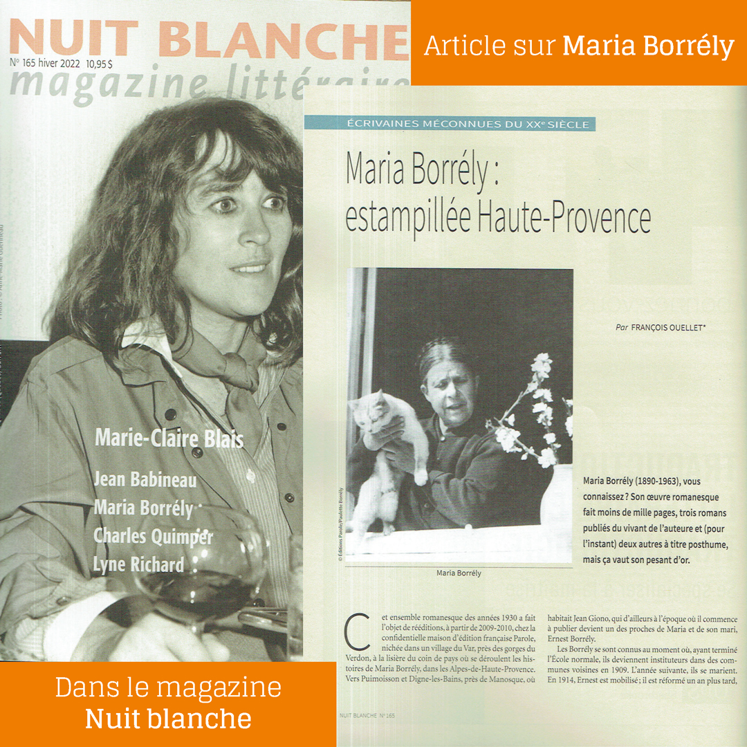 À lire : bel article de 5 pages sur Maria Borrély dans le magazine ”Nuit blanche”