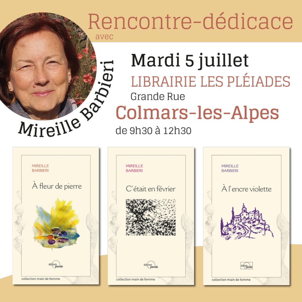 Rencontre-dédicace avec Mireille Barbieri, à la librairie Les Pléiades de Colmars-les-Alpes, mardi 5  juillet 2022