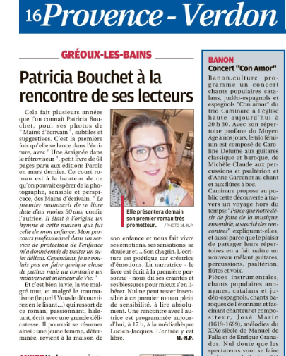 Article : «Patricia Bouchet à la rencontre de ses lecteurs» dans “La Provence” le 8 juillet 2022
